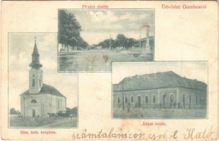1909 Gombos, Bogojeva; Fő utca, Római katolikus templom, állami óvoda / main street, church, kindergarten (EK)