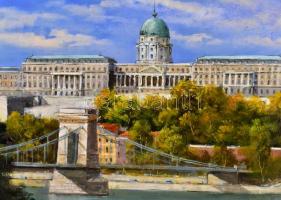 Lantos György (1957-): Budai vár. Olaj, farost, jelzett, fa keretben, hátoldalán címkén feliuratozot...