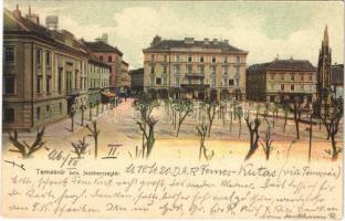 1902 Temesvár, Timisoara; Belváros, Jenő herceg tér, Takarékpénztár, emlékmű / square, savings bank, monument