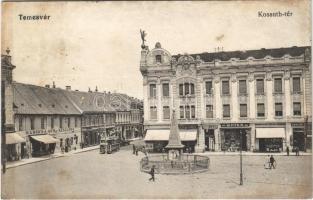 1914 Temesvár, Timisoara; Kossuth tér, Bleier M., Grosz Lajos, Schneider János, Nenadovits üzlete, Marokkaner szálloda, villamos / square, shops, hotel, tram (r)