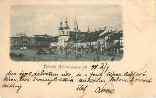 1898 Marosvásárhely, Targu Mures; Fő tér, templomok, üzletek, piac / main square, churches, shops, market (fl)