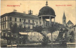 Marosvásárhely, Targu Mures; Széchenyi tér, zenélő kút, Takarékpénztár, Fonciere Pesti Biztosító Intézet Főügynöksége, üzletek. 887. Révész Béla kiadása / square, fountain, savings bank, insurance company (EK)