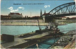 Komárom, Komárno; Dunai kishíd a város látképével, uszály. L. H. Pannonia / Danube bridge, barge (vágott / cut)