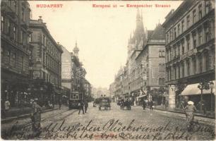 1905 Budapest VIII. Kerepesi út (Rákóczi út), háttérben a Keleti pályaudvar, vasútállomás, villamos, fogorvosi rendelő, üzletek (EK)