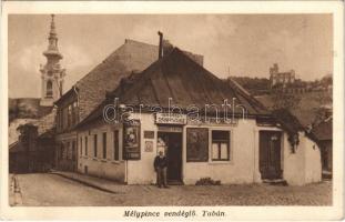 1931 Budapest I. Tabán, Krausz Lipót féle Mélypince vendéglő, mögötte a tabáni szerb templom tornya. Fehérsas utca 4. (fa)