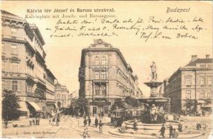 1901 Budapest VIII. Kálvin tér, József és Baross utcával, villamos, gyógyszertár, üzletek. Ganz Antal 5. (kopott sarok / worn corner)