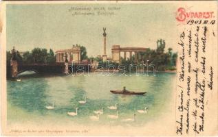 1903 Budapest XIV. Városliget, Millenniumi emlékmű (Hősök tere), csónakázó. Erdélyi cs. és kir. udv. fényképész felvételei után. litho (EK)