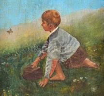 Olvashatatlan jelzéssel: Lepkefogó. Olaj, vászon, jelzett, kissé sérült, 46,5x27 cm