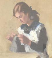 Keményffy Jenő (1875-1920): Varró lány. Olaj, vászon. Üvegezett fa keretben. Hátoldalán ajándékozási...