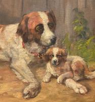 Jelzés nélkül: Kutya kölykével. Olaj, fa. Fa keretben. 25x35 cm