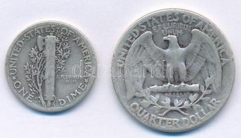 Amerikai Egyesült Államok 1943. 1d Ag "Mercury" + 1943. 1/4$ Ag "Washington" T:3...