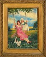 Olvashatatlan jelzéssel: Hintában. Olaj, vászon, fára kasírozva. Ökörszemes fa keretben. 49x37 cm