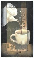 Olvashatatlan jelzéssel: A reggeli kávé. Olaj, farost. Festett, kissé kopott fa keretben. 60x34,5 cm (kerettel).