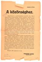 1919 Bp., Friedrich István miniszterelnök közleménye a bolsevizmus ellenes önkényes fellépésekkel, megtorlásokkal kapcsolatban, hirdetmény, szakadásokkal, hajtott