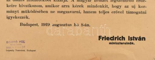 1919 Bp., Friedrich István miniszterelnök közleménye a bolsevizmus ellenes önkényes fellépésekkel, m...