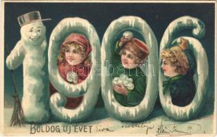 1906 Boldog Új Évet! / New Year greeting, snowman. Emb. litho (EK)