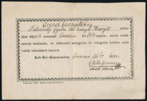 1870 Rév-Komárom, Orvosi bizonyítvány oltással és tehénhimlővel kapcsolatban
