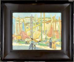 Jelzés nélkül, Vaszary János Piranóí kikötő című, 1927-ben festett alkotása után: Kikötő. Olaj, kart...