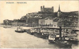Pozsony, Pressburg, Bratislava; vár, Duna part, gőzhajó, uszályok / castle Danube, port, steamship, barges