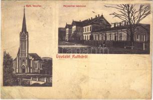 1915 Ruttka, Vrútky;  Római katolikus templom, Pályaudvar, vasútállomás. W. L. (?) 70. Kiadja a "Felvidéki Magyarország" nyomdája / Catholic church, railway station (r)