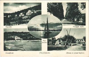 1938 Balatonfűzfő, Fűzfőfürdő, Országút, naplemente, nyaralók, strandfürdő,. vasútállomás és strand bejárata, sorompó