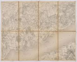 cca 1920 Balaton felvidék térképe, rajta a Balaton részletével, Meszesgyörök (Balatongyörök)-Balatonudvardi közötti északi part részlettel, valamint Fonyód fürdőtelep-Szárszó közötti déli part részlettel, vászonra kasírozva, 38x53 cm
