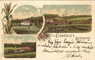 1900 Szikla, Szihla, Sihla; Erdészlak, látkép, gőzfűrész, fatelep, fűrésztelep. Hável Á. műterme kiadása / forester&#039;s house, forestry, general view, sawmill. Art Nouveau, litho (szakadás / tear)