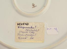 Herendi virágmintás tál, kézzel festett, jelzett (mélynyomás), egészen apró kopásnyomokkal, d: 32,5 ...