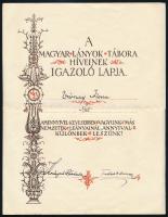 cca 1936 A Magyar Lányok c. újság igazoló lapja, Tutsek Anna és Kosáryné Réz Lola aláírásával