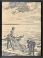 Csóka Béla (1926-2005): Balatoni halászok. Szén, papír, jelzett, hátoldalán feliratozott. Üvegezett fa keretben, 46x34 cm