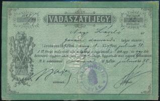 1898 Vadászjegy Nagy László garamdomásdi (Felvidék, Nyitrai kerület) vadász részére, enyhe hajtásnyommal, jó állapotban