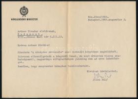 1962 Bp., Ilku Pál (1912-1973) művelődésügyi miniszter saját kézzel aláírt köszönő levele Artner Tivadar művészeti író részére