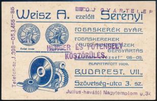cca 1925 WEisz A. ezelőtt Serényi fogaskerék Gyár kétoldalas reklámkiadványa, jó állapotban