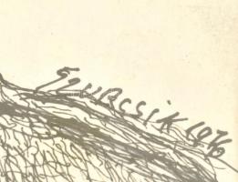 Szurcsik 1976 jelzéssel: Fafej. Tus, toll, papír, egy kisebb folttal. Üvegezett fa keretben. 18,5x14...