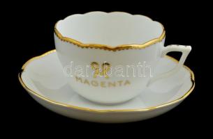 Herendi Magenta feliratú, aranyozott teáscsésze, és csészealj, jelzett, hibátlan, eredeti dobozában, csésze: d: 9 cm, m: 6 cm, csésze-alj: d: 14 cm.