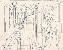 Kassák jelzéssel: Jelenet. Tus, toll, papír. 23,5x19 cm