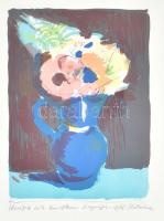 Vilhelm (Wilhelm) Károly (1943-2011): Virágok kék kancsóban. Színes litográfia, papír, jelzett, üvegezett fa keretben, 67,5×48,5 cm