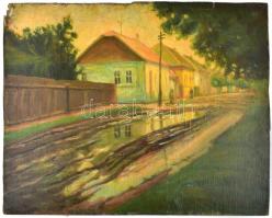 Joachim József (1897-1954): Nagybányai utca eső után. Olaj, falemez. Jelzés nélkül, sarkaiban és szélén sérült, 50x61 cm.