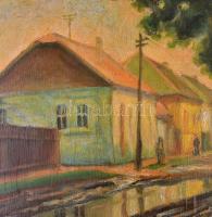 Joachim József (1897-1954): Nagybányai utca eső után. Olaj, falemez. Jelzés nélkül, sarkaiban és szé...