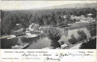 1900 Pöstyén, Pistany, Piestany; Park részlet a Vág partján, komp. A. Bernas kiadása / Váh riverside, park, ferry (vágott / cut)