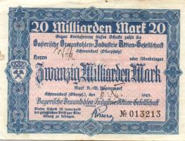 Német Birodalom/Weimari Köztársaság/Schwandorf/Bayerische Braunkohlen Industrie... 1923.11.6. 20.000.000.000M T:II