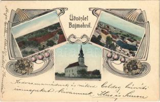 1907 Bajmok, Bajmak; látkép, templom, üzlet. Ifj. Berger Jakob kiadása / general view, church, shop. Art Nouveau, floral (EK)