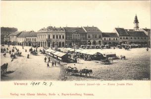 1905 Versec, Werschetz, Vrsac; Ferenc József tér, piaci árusok, Dusan Konits üzlete. Glaser Sándor kiadása / Franz Josefs Platz / square, market vendors, shops