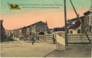 Tianjin, Tientsin; Strasse in der oesterr. Koncession / Street in the Austrian Concession, tram, flag (EK)