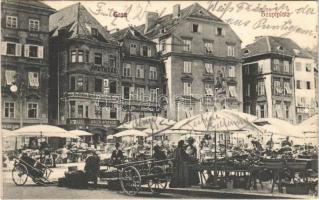 1908 Graz, Hauptplatz, Adler-Apotheke / main square, market vendors, pharmacy, shops (EK)