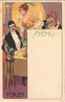 1922 Törley pezsgő reklámlap, étlap. Kellner és Mohrlüder / Hungarian champagne advertisement with menu, litho art postcard (EM)