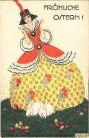 Fröhliche Ostern! / Lady art postcard with Easter greeting and rabbits. B.K.W.I. 4636-1. s: Mela Koehler (EK)