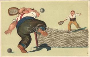 Tennis players at the tennis court. Emb. litho