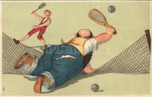 Tennis players at the tennis court. Emb. litho