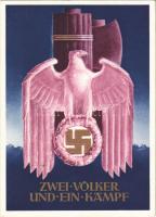 Zwei Völker und ein Kampf / NSDAP German Nazi Party propaganda postcard s: Gottfried Klein + Begegnung Hitler Mussolini 18. 6. 40. München Hauptstadt der Bewegung So. Stpl. (EK)
